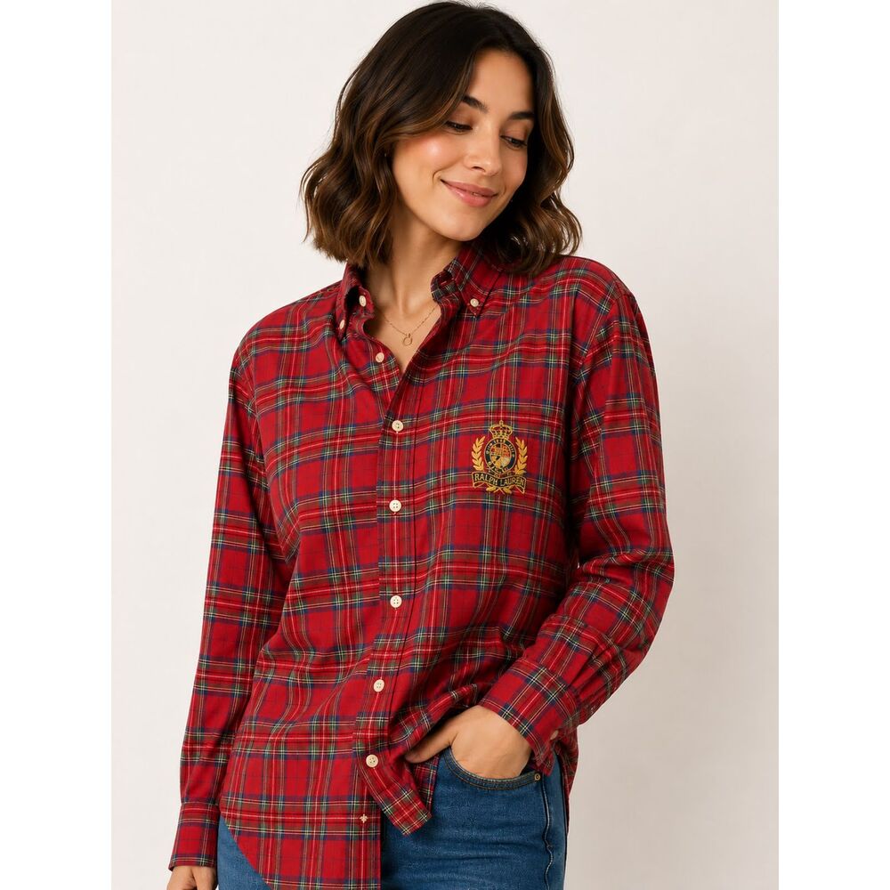 Ralph Lauren Plaid Button Down Shirt 6 Red Green Tartan Gold Crest Embroidered